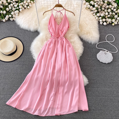 Pink V Neck Backless Summer Dress