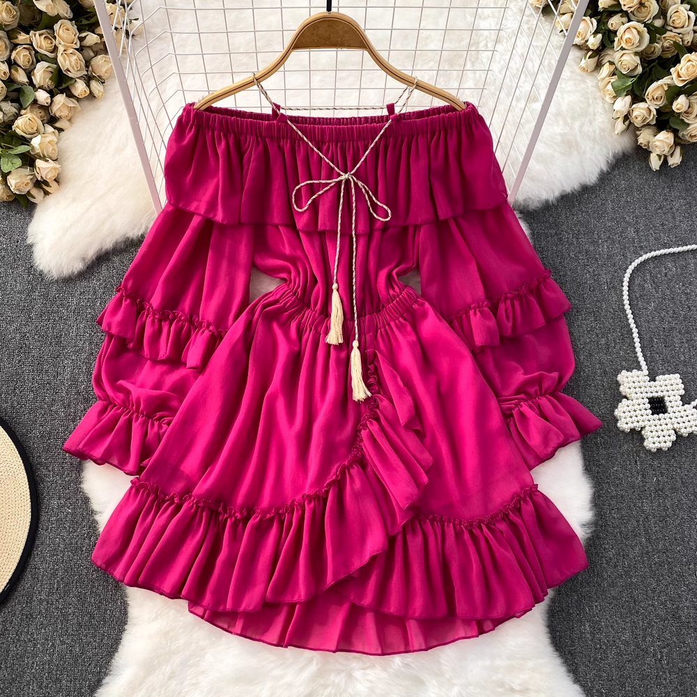 off-the-shoulder waistline slimming A-line dress with ruffles