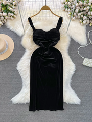 Women's mid-length velvet suspender dress