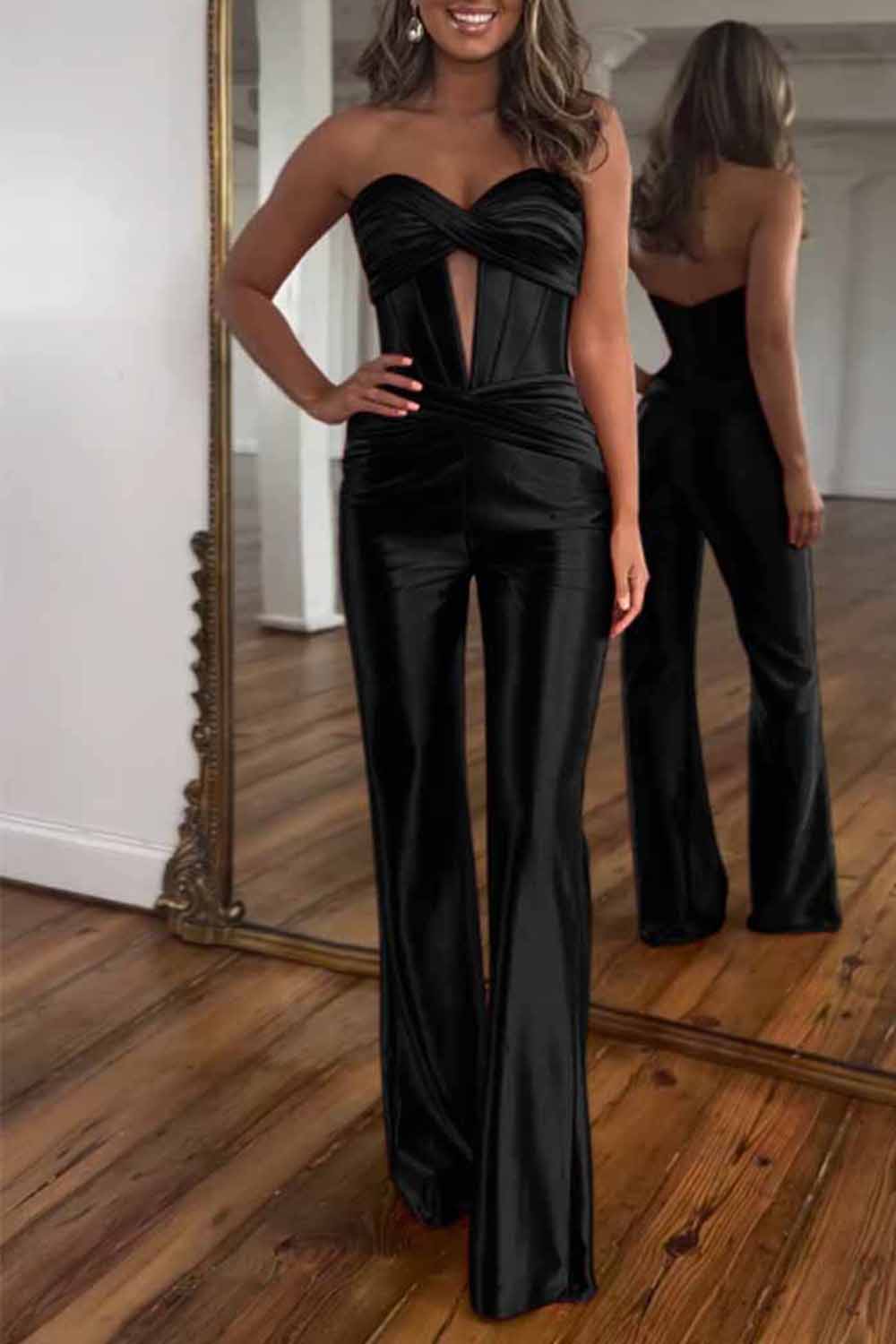 Twisted Strapless Cutout Corset Straight Leg Party Jumpsuit - Red