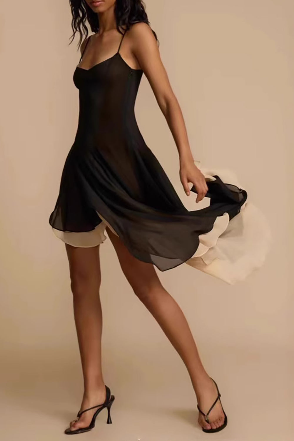 Colorblock Lined Irregular Hem Strappy Midi Dresses - Black