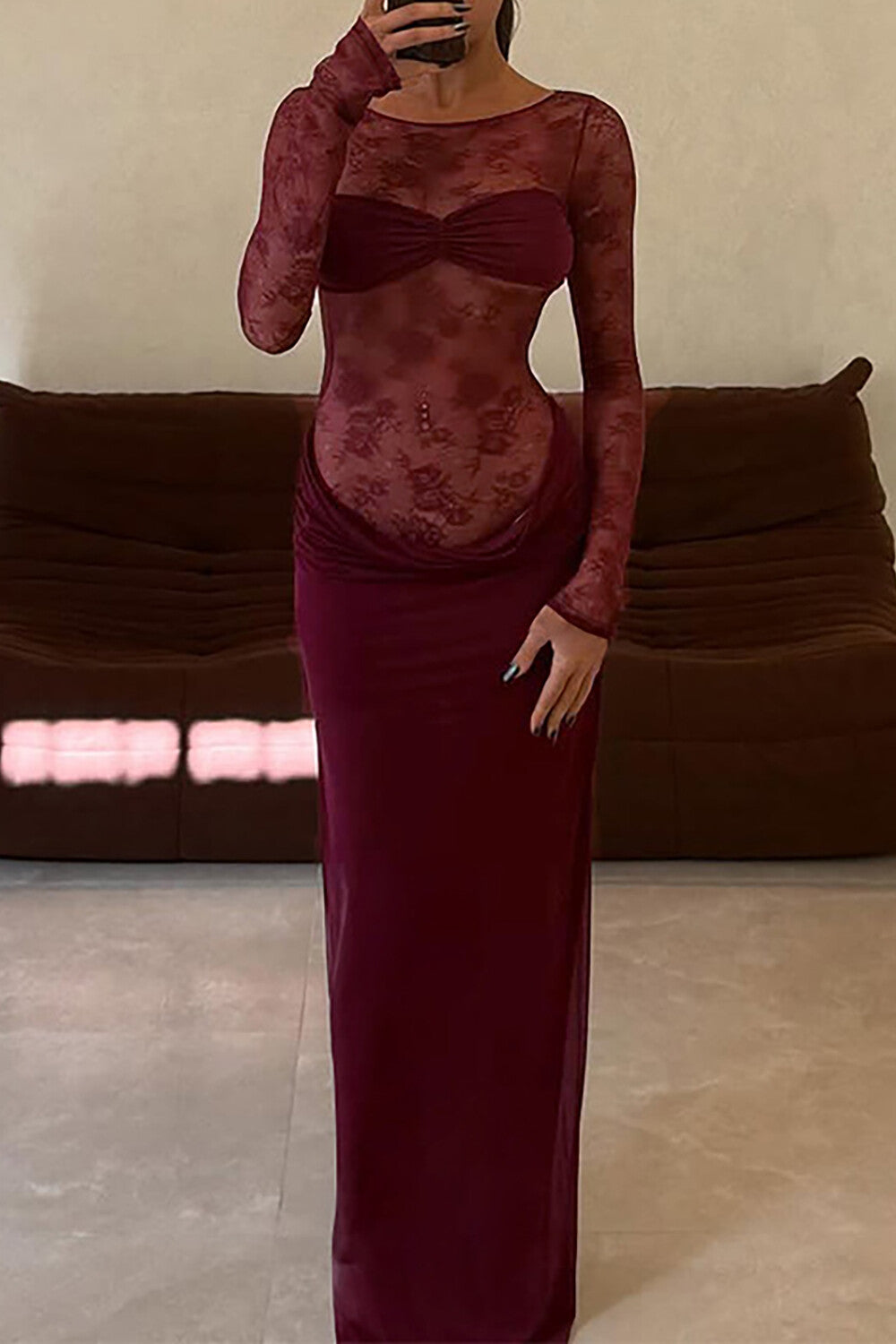 Floral Lace Patchwork Long Sleeve Ruched Slim Fit Maxi Dresses - Brown
