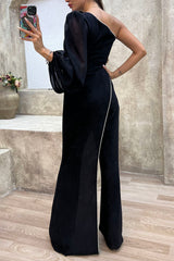 One Shoulder Single Lantern Sleeve Irregular Trim Flared Leg Jumpsuit - Black