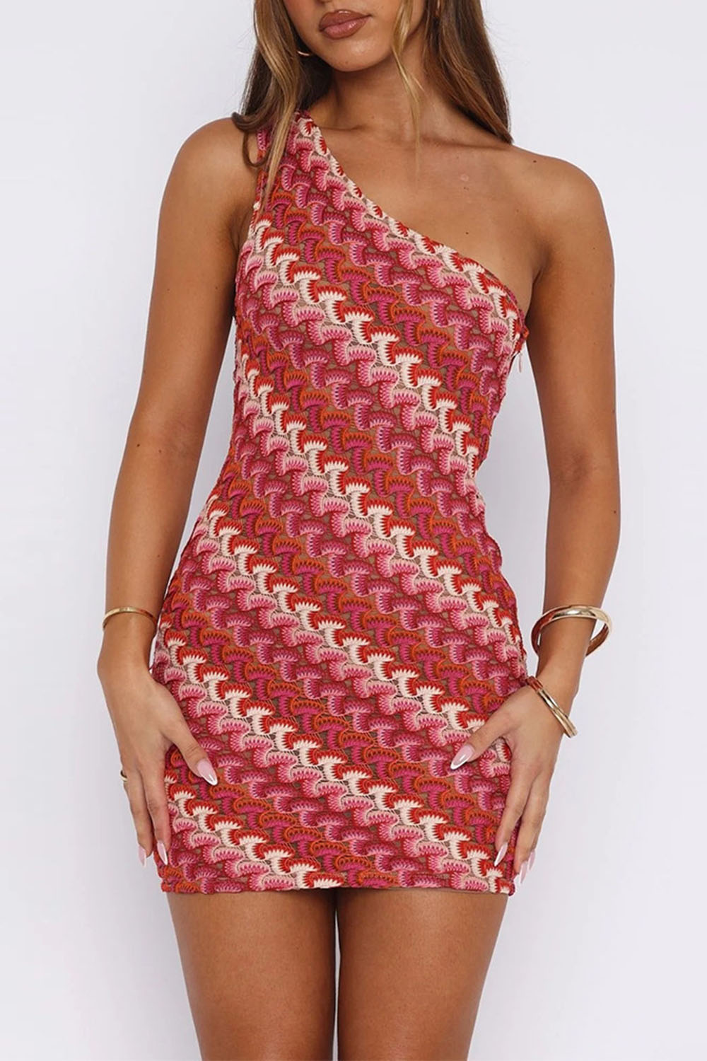 Knit Colorblock Abstract Striped One Shoulder Mini Dresses - Blue