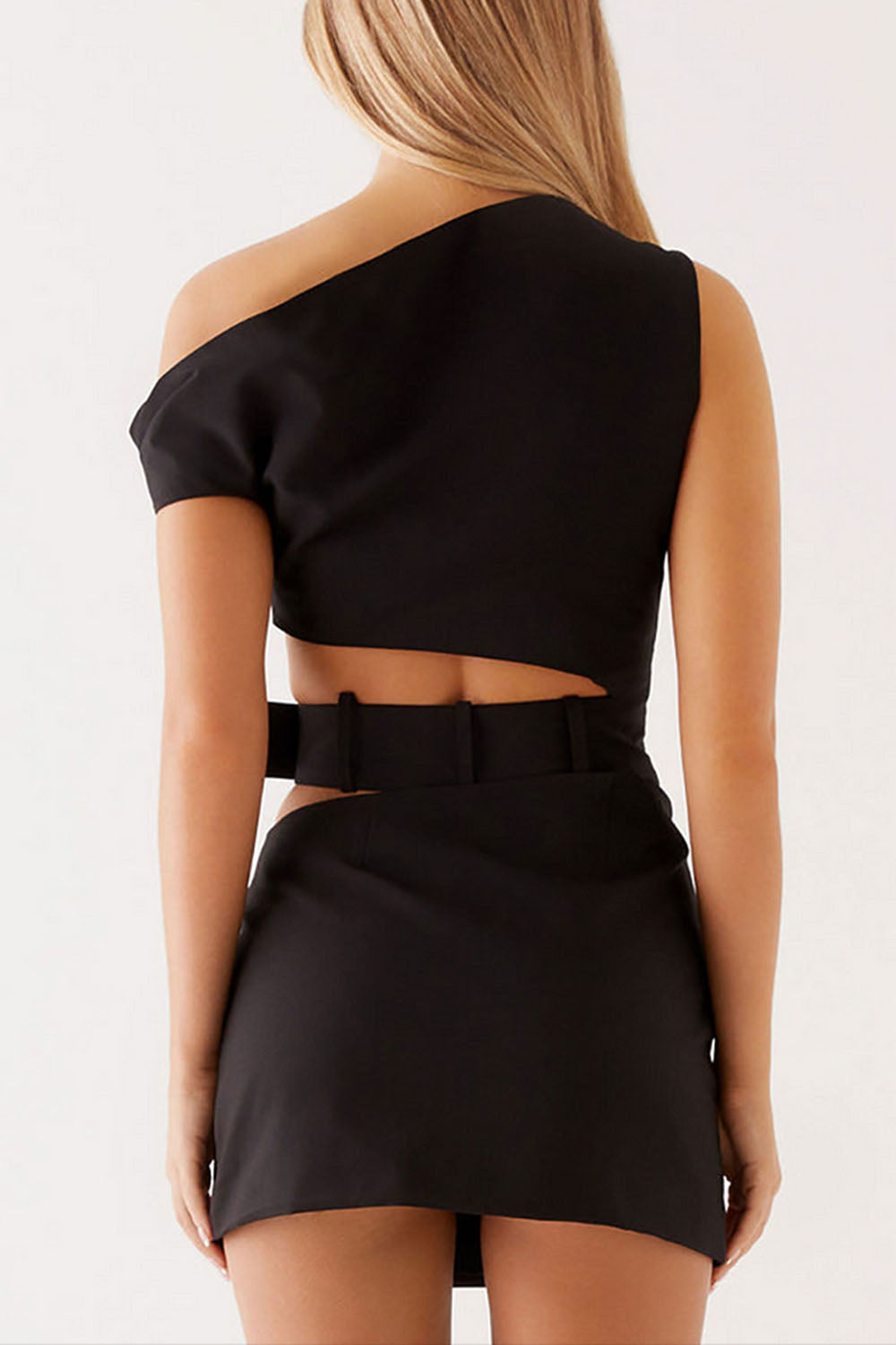 Asymmetrical Neckline Cutout Buckle Belted Mini Dresses - Black