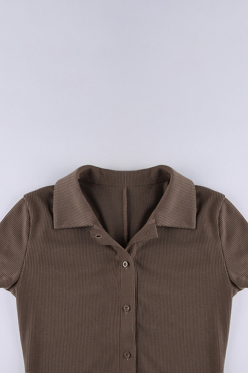 Turndown Collar Button Short Sleeve Textured Plain Romper Playsuits