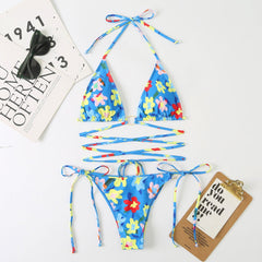 Floral Hollow Out Cross String Bikini Swimsuit Set