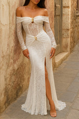 Off Shoulder Long Sleeve Fitted High Slit Lace Maxi Dresses - White Pre Order