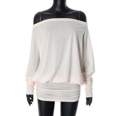 Off Shoulder Batwing Sleeve Ruched Bodycon Plain Mini Dresses - Beige