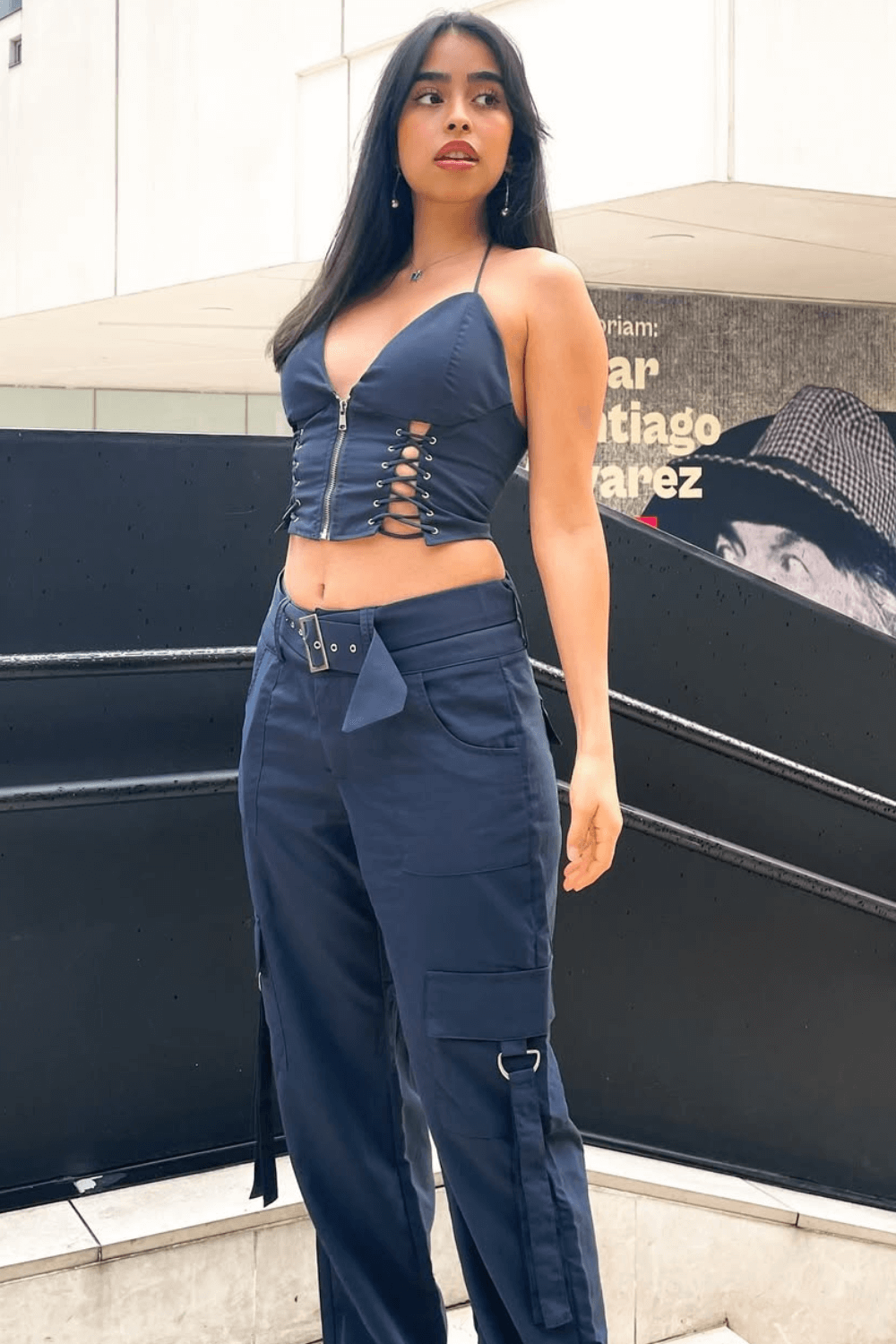 Lace Up Zip Halter Backless Crop Top Pocket Straight Leg Pants 2 Pcs Matching Set - Grey