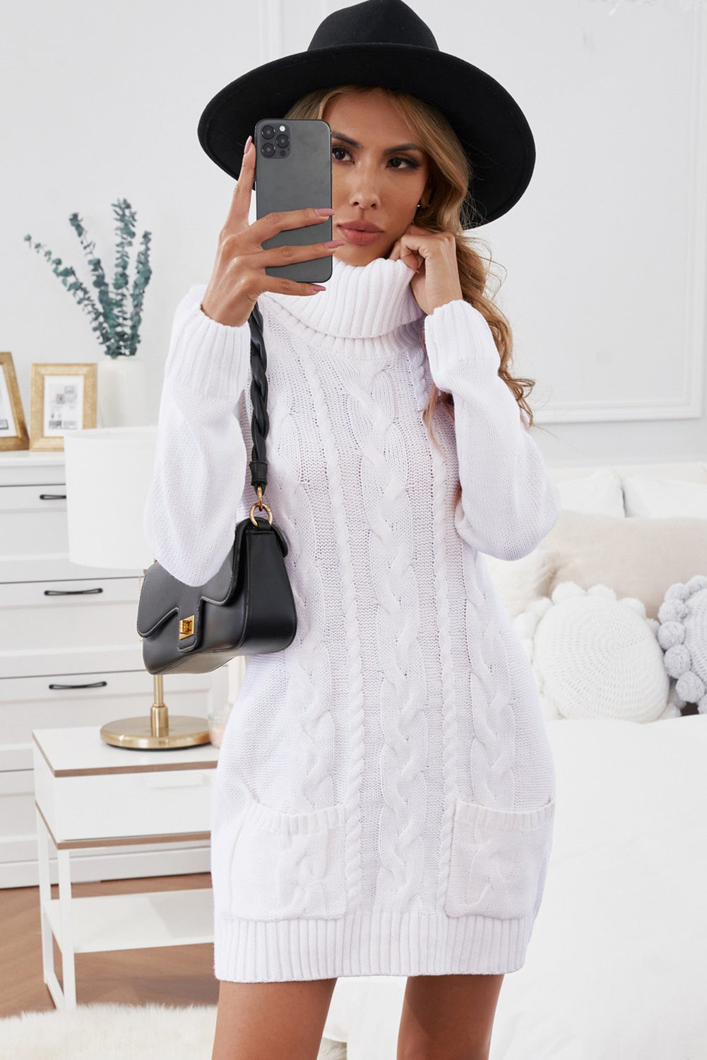 Olive Cowl Neck Cable Knit Sweater Dress