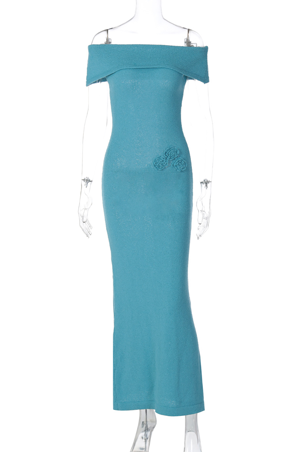 Knit Off Shoulder Draped Sleeve Solid Color Maxi Dresses - Blue