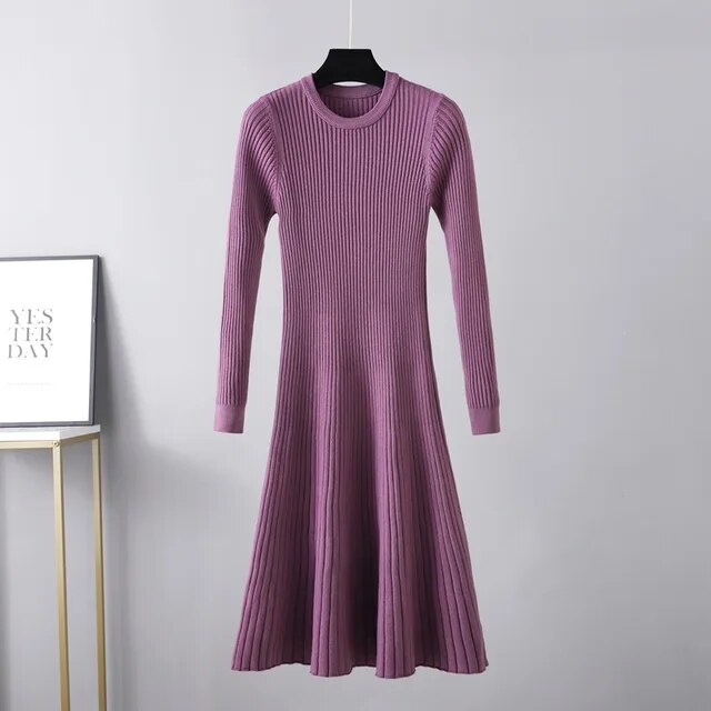 Long Sleeved High Waisted Short Knitted Dress Women Solid High Collar Sweater A-line Dresses Autumn Chic Female Street