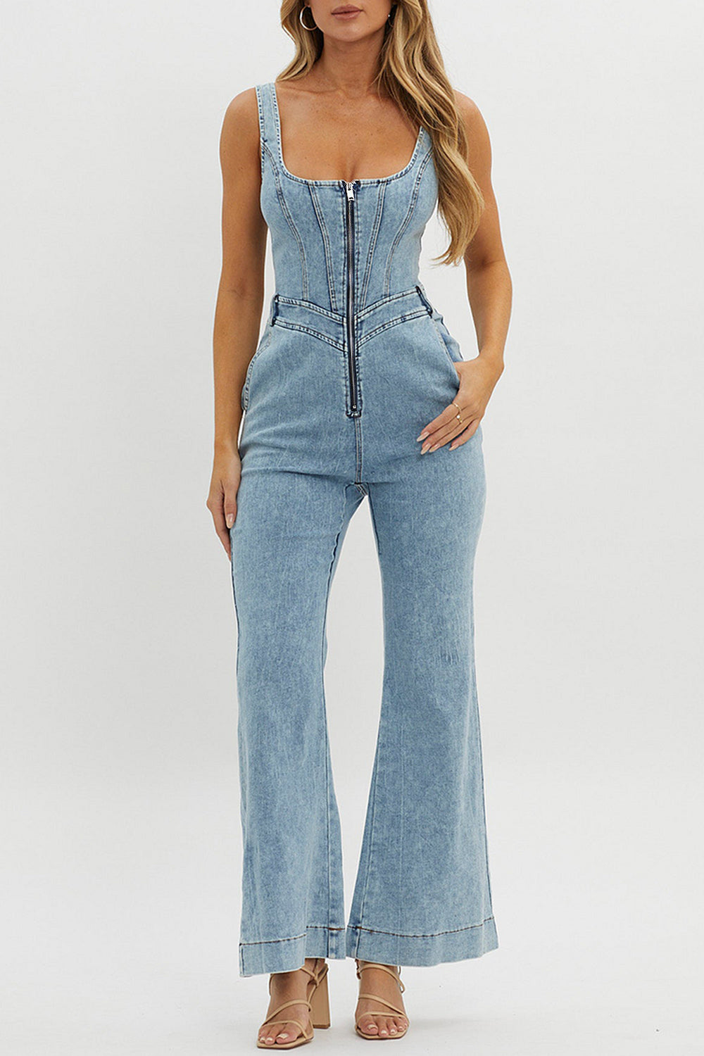 Square Neck Corset Front Zip Flared Leg Denim Strappy Jumpsuit - Blue