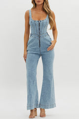Square Neck Corset Front Zip Flared Leg Denim Strappy Jumpsuit - Blue
