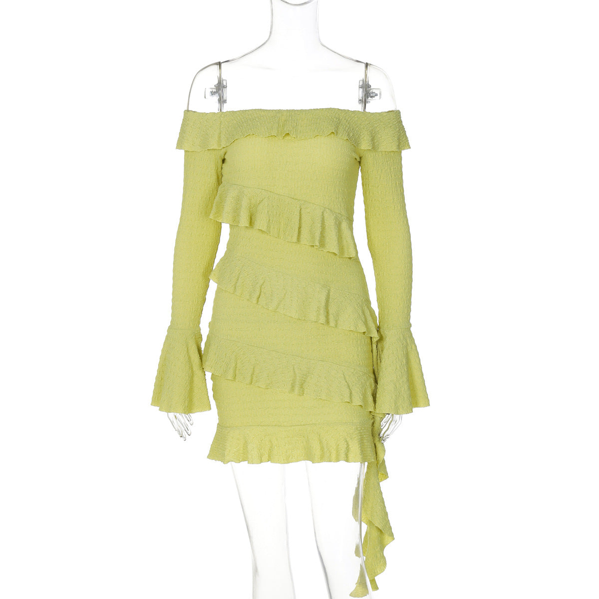 one shoulder lotus leaf edge flared sleeve ribbon dress