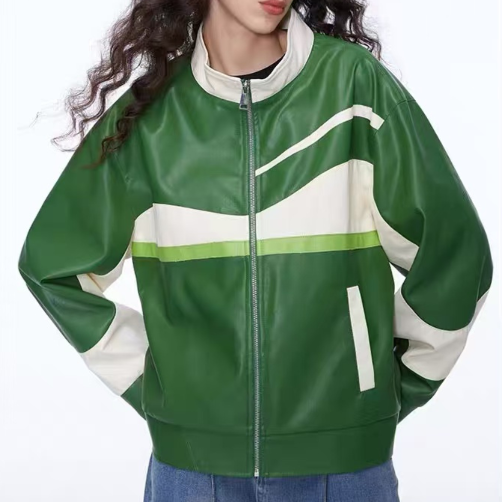 chaqueta de cuero con bloques de color