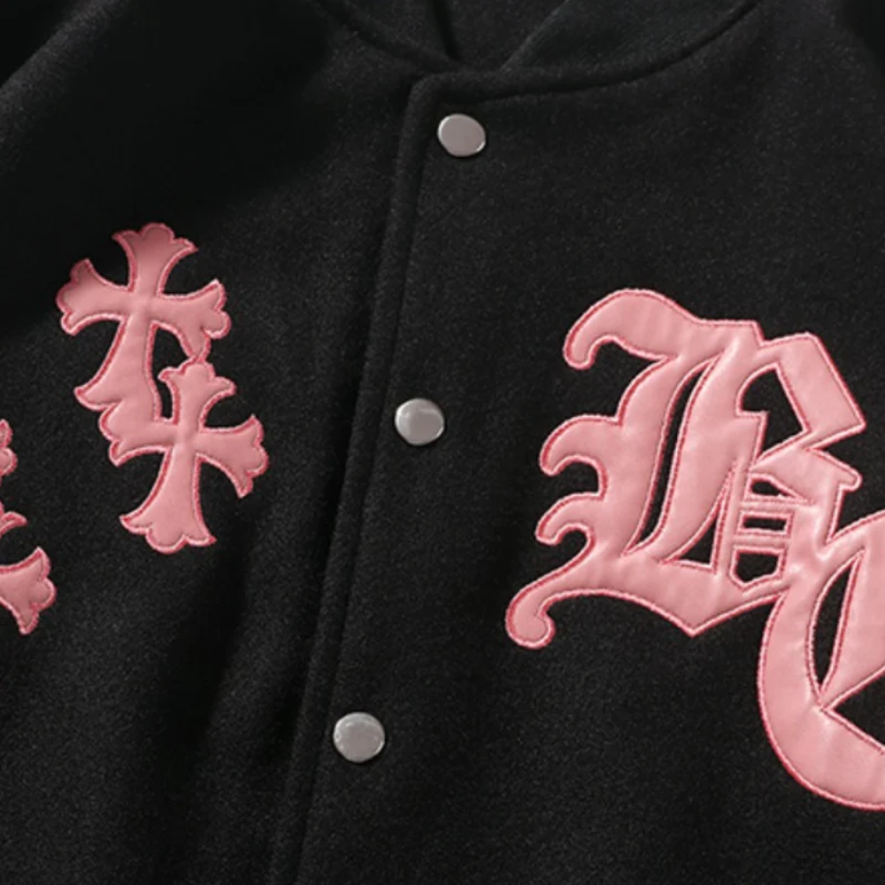 Chaqueta de béisbol con bordados de cruz estilo hip hop vintage