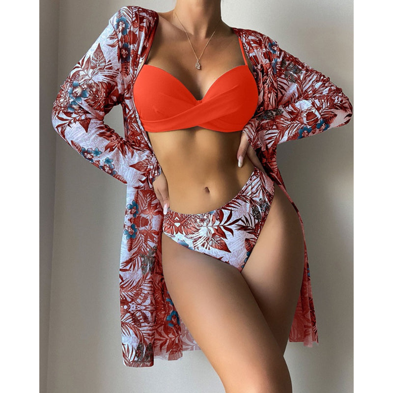 Floral Twist Low Waist Bikini Set Cover Up For Women