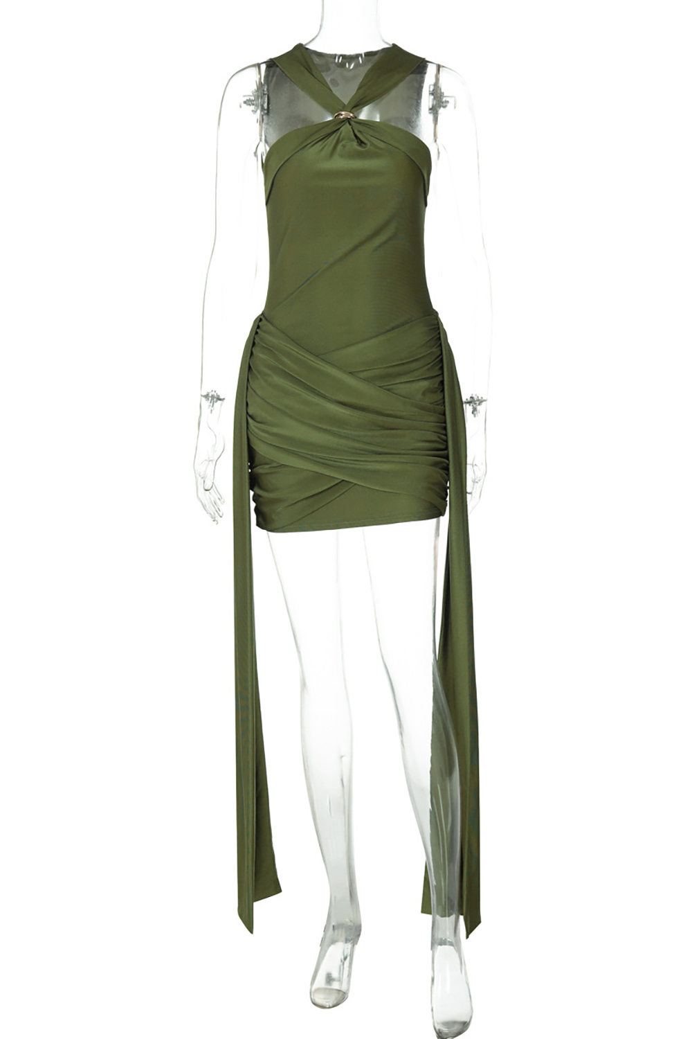 Sleeveless Solid Color Cross Wrapped Bodycon Side Streamer Mini Dresses - Green