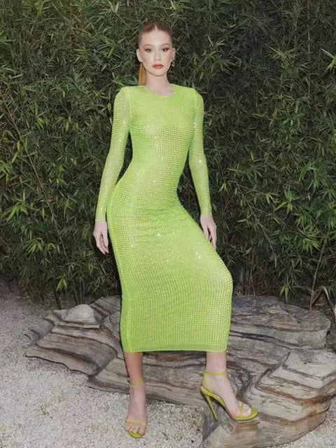 Long Sleeve Diamond Mesh See Through Long Dress