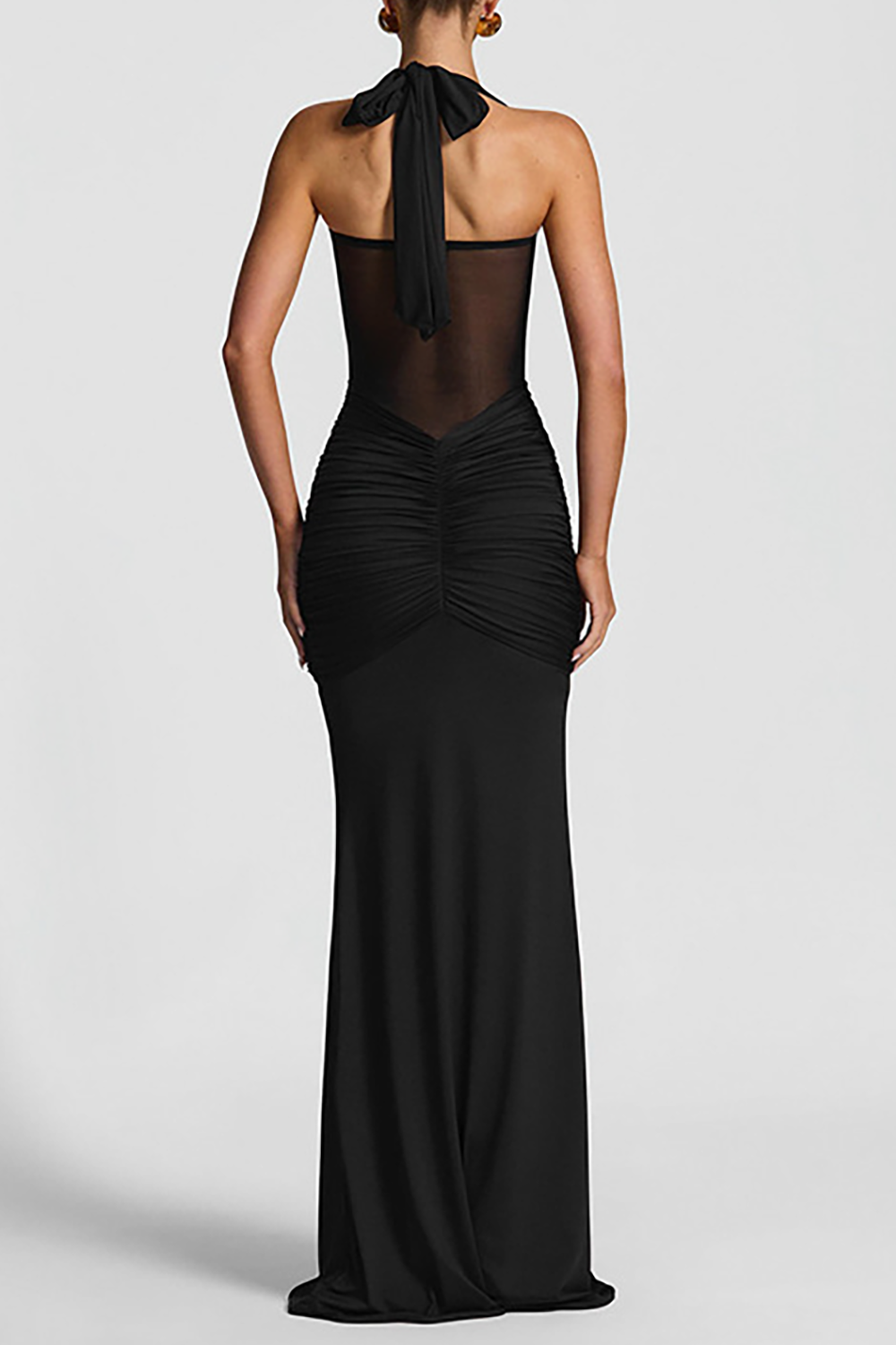 Halter Neck Mesh Patchwork Ruched Streamer Slim Fit Maxi Dresses - Yellow