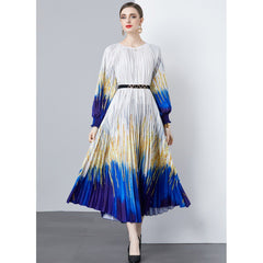 European and American style round neck three bedroom pleated slim fit mid length dress