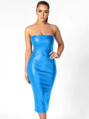 Pu Faux Leather Women Midi Party Dress Women Backless Sexy Hot Clubwear Skinny Slim Solid Elegant Bodycon Dresses