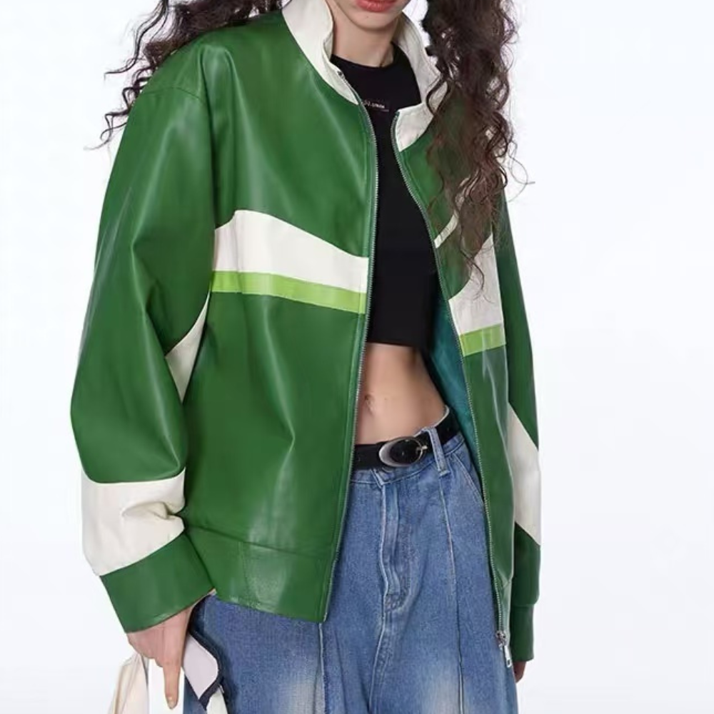 chaqueta de cuero con bloques de color