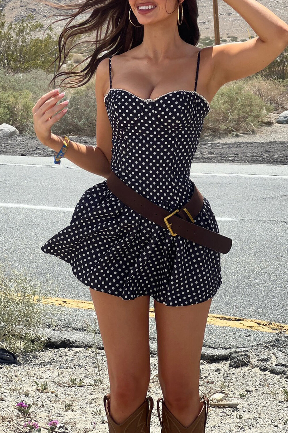 Polka Dot Print Cinch Waist Strappy Mini Dresses - Black
