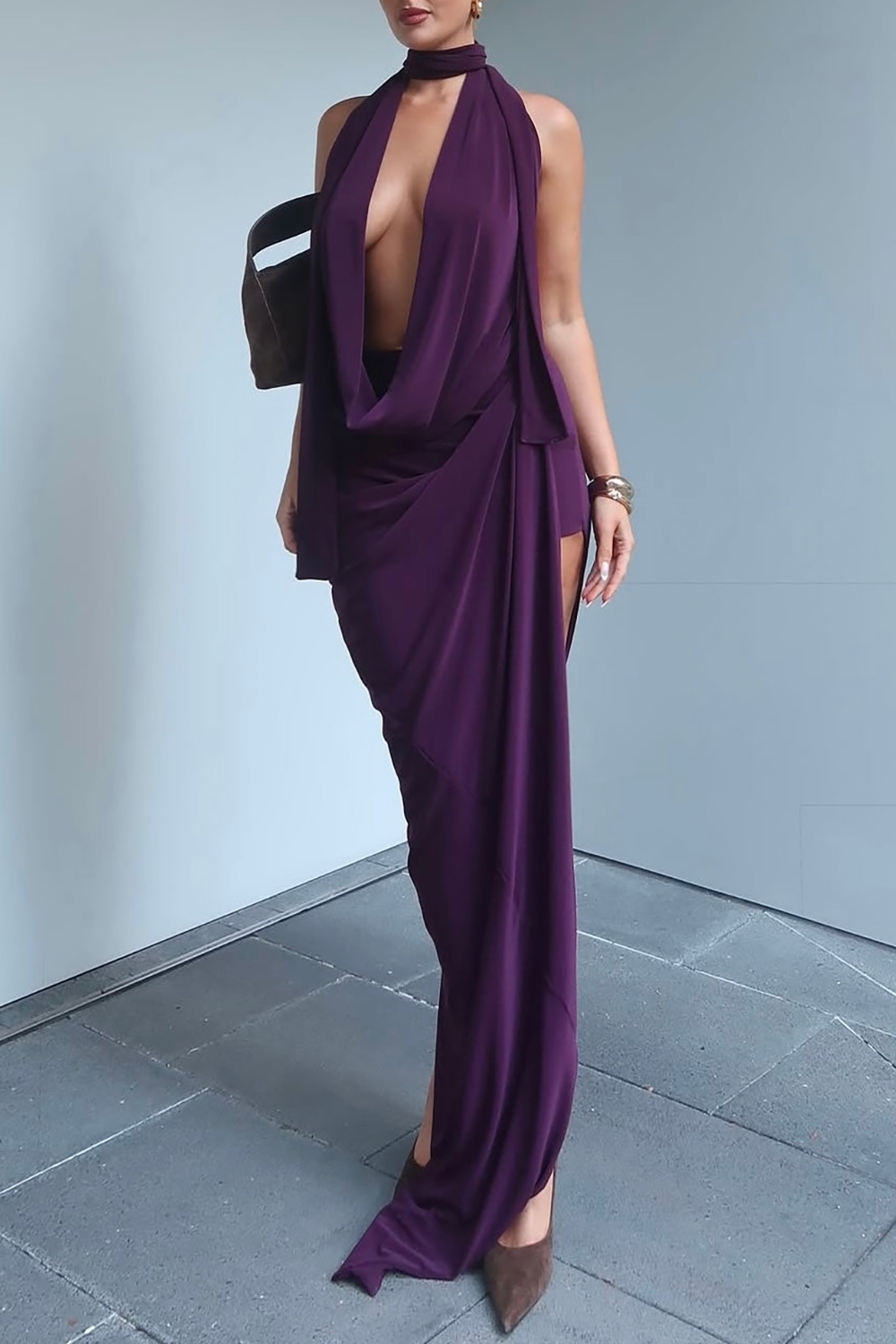 Draped Design Halter Backless Top High Slit Skirt Set - Beige Pre Order