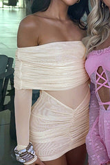 Overlay Design Off Shoulder Long Sleeve Ruched Mesh Fitted Mini Dresses - Beige
