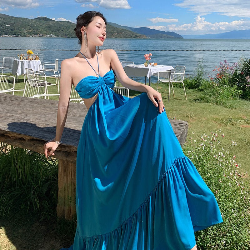Seaside vacation beach dress, halterneck, backless suspender dress, elegant bohemian long dress