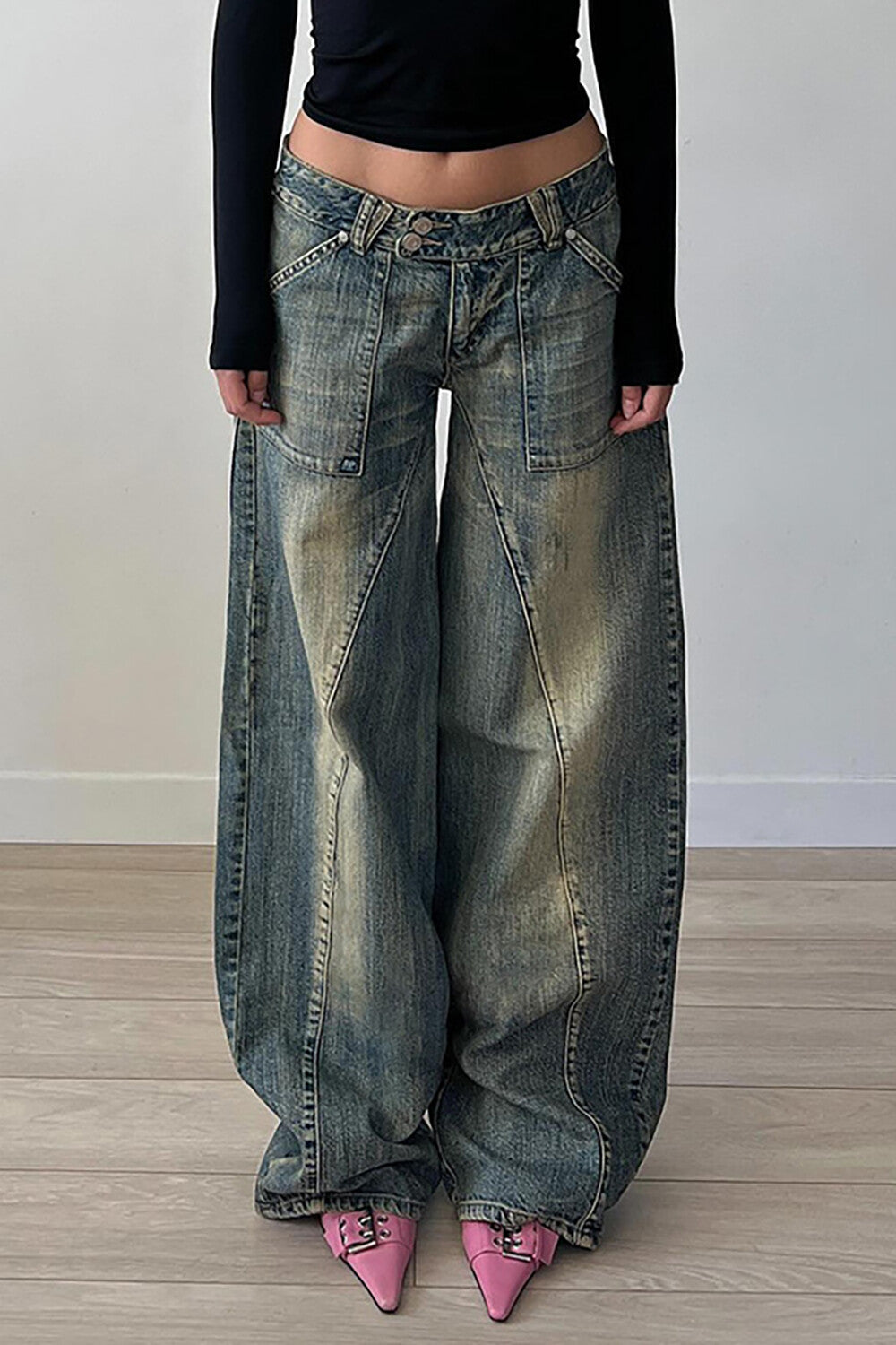 Distressed Denim Wide Leg Casual Low - Rise Jeans - Blue