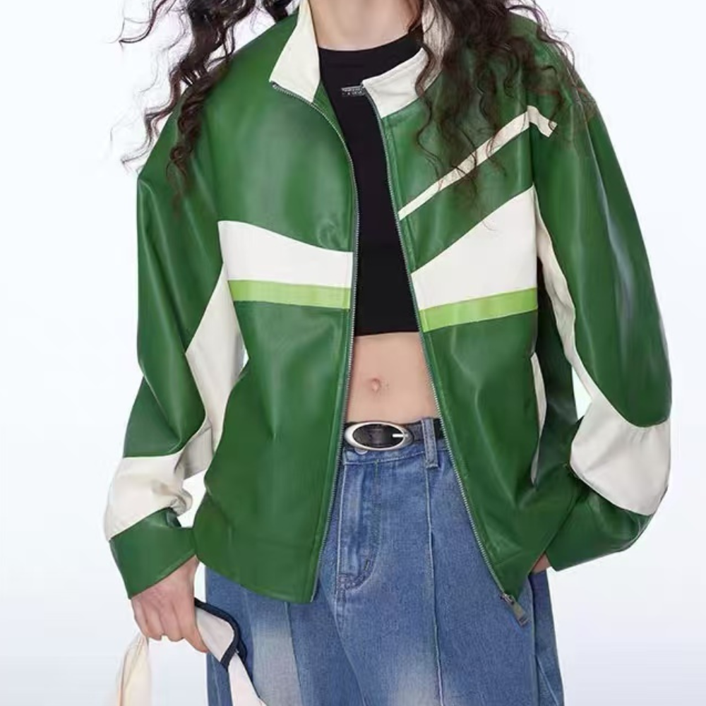 chaqueta de cuero con bloques de color