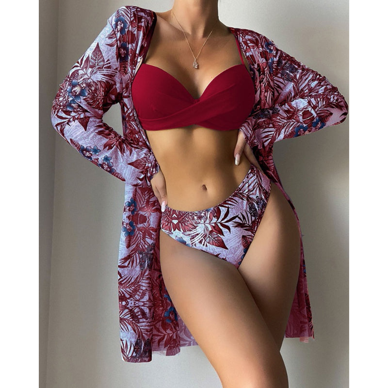 Floral Twist Low Waist Bikini Set Cover Up For Women