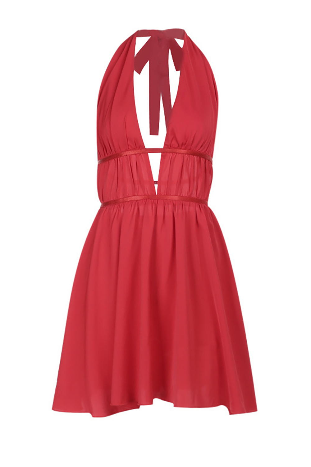 Deep V Neck Open Back Halter Shirred Mini Dresses - Red