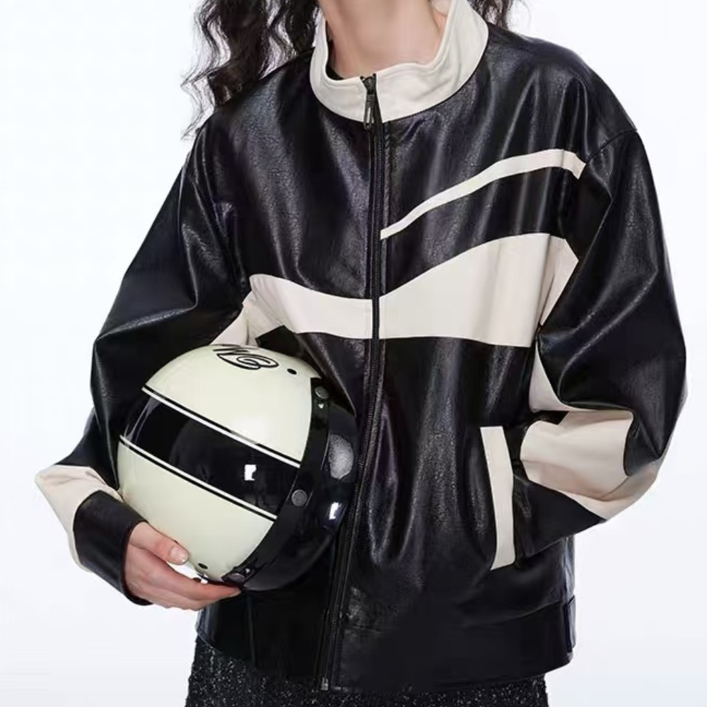 chaqueta de cuero con bloques de color
