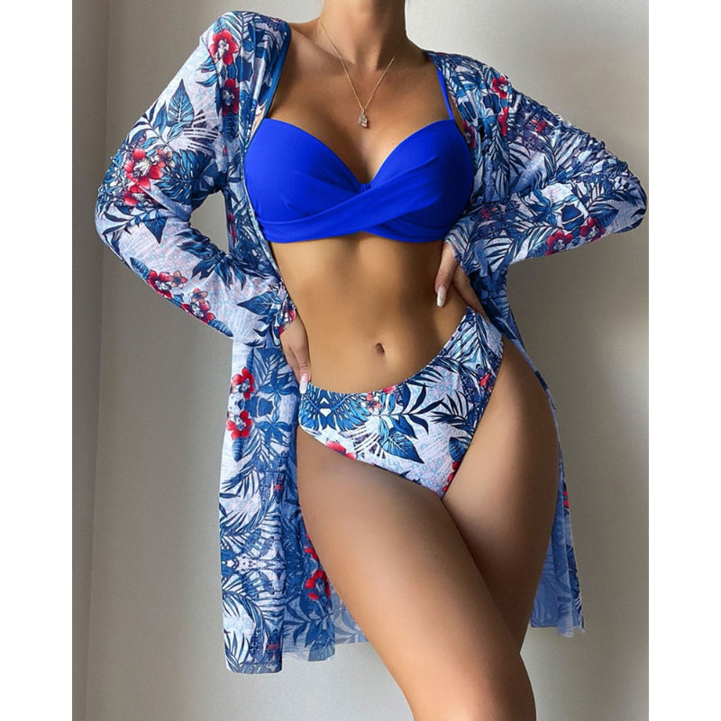 Floral Twist Low Waist Bikini Set Cover Up For Women