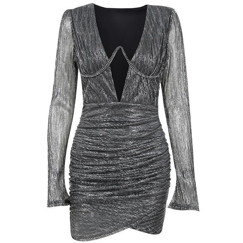Steel ring pleated long sleeved tight and sexy padded shoulder deep V-neck dress