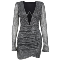Steel ring pleated long sleeved tight and sexy padded shoulder deep V-neck dress