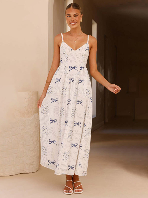V-neck waist holiday backless bow print dress