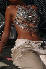 Dangle Chains Cutout Halter Neck Backless Party Crop Top - Silver