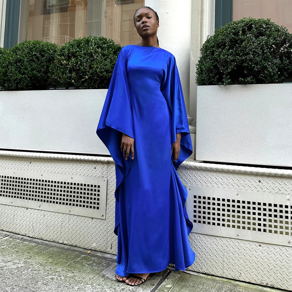 Dress, round neck, satin bat sleeve, loose fitting dress, sexy and long dress spring/summer