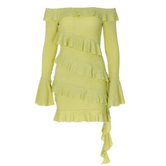 one shoulder lotus leaf edge flared sleeve ribbon dress