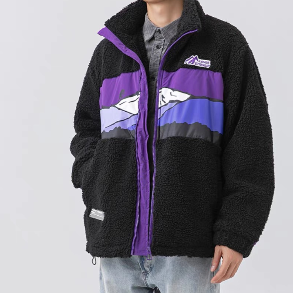 Sherpa-Mantel mit Mountains-Patchwork