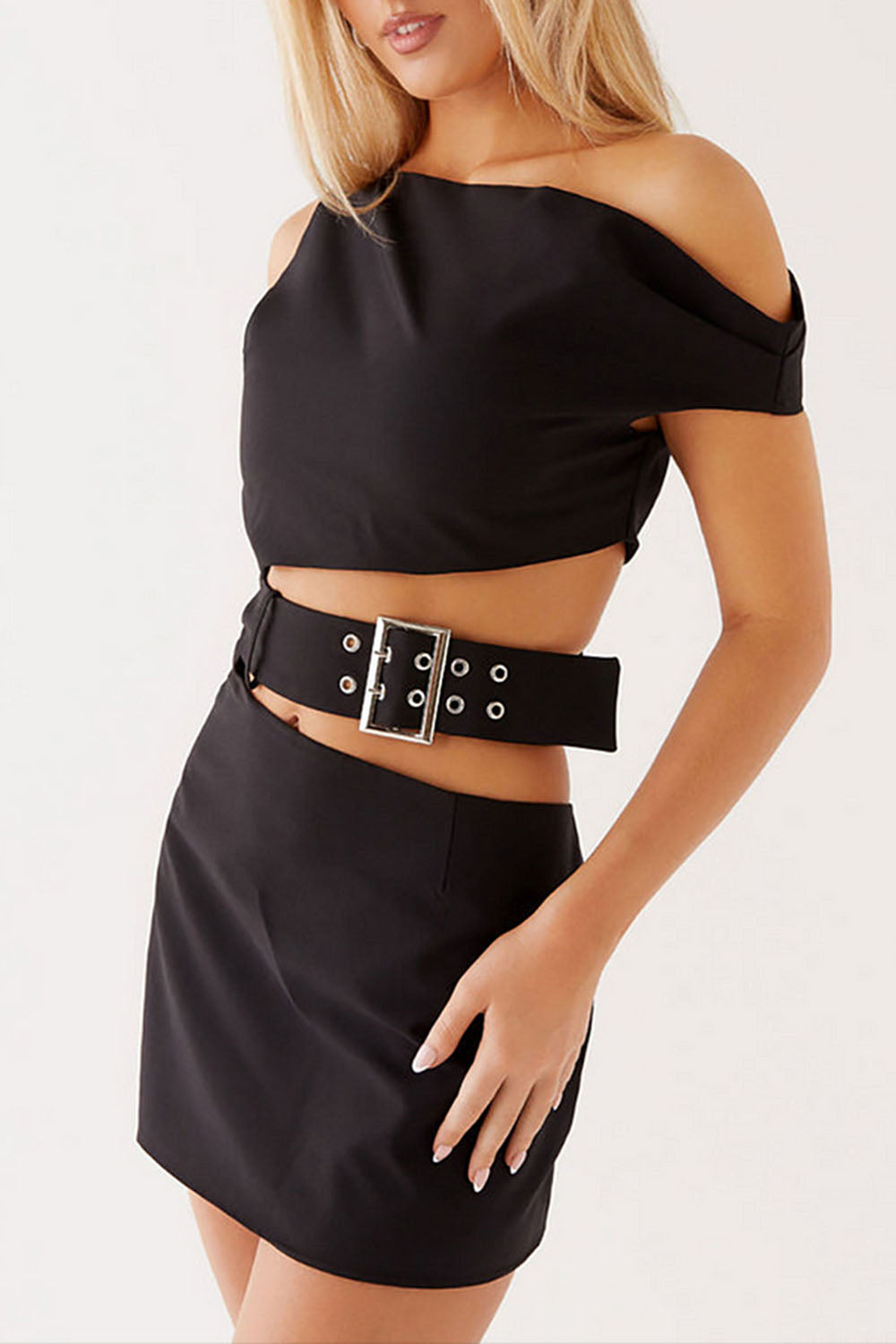 Asymmetrical Neckline Cutout Buckle Belted Mini Dresses - Black