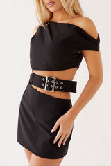 Asymmetrical Neckline Cutout Buckle Belted Mini Dresses - Black