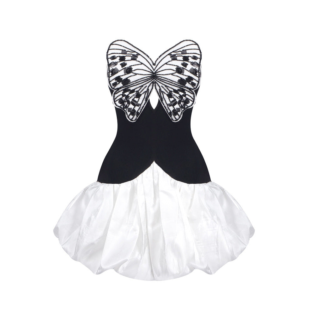 Sexy chest hugging patchwork butterfly embroidery backless dress fluffy dress