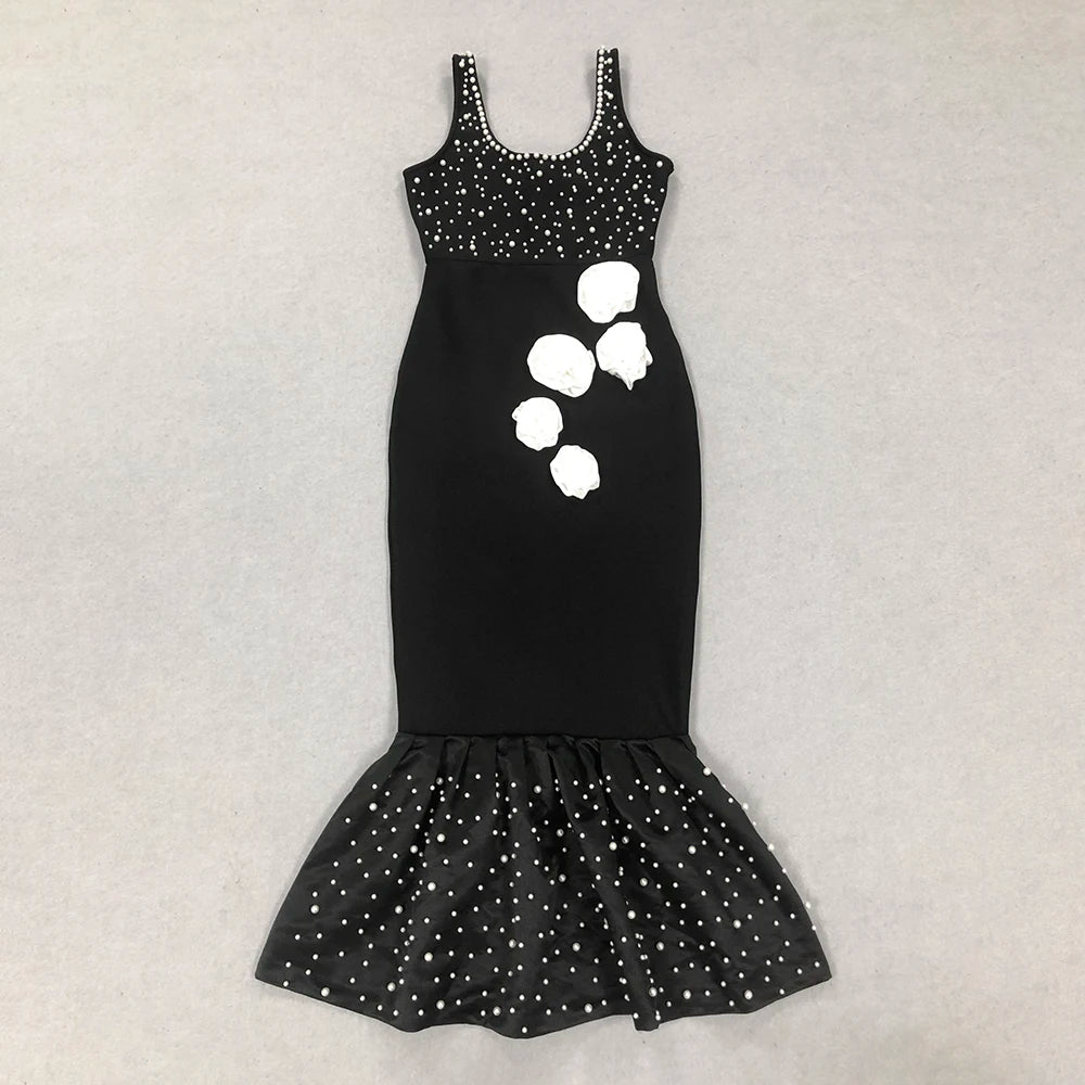 Black Color Women Sleeveless Sexy O-Neck Pearl Beading Bodycon Bandage Gown Dress Celebrate Evening Party Outfit Vestido